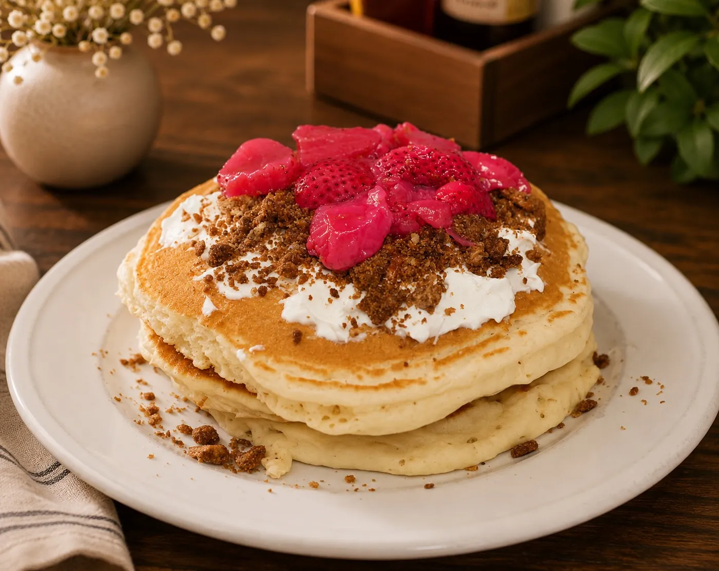 Pancake stack topped with fruit topping, whipped cream and crumble