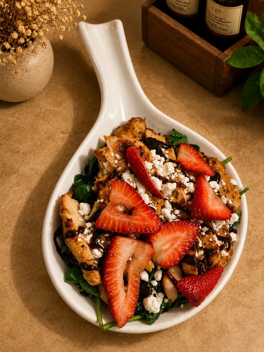 Salad of grilled chicken, feta and fresh strawberries over greens