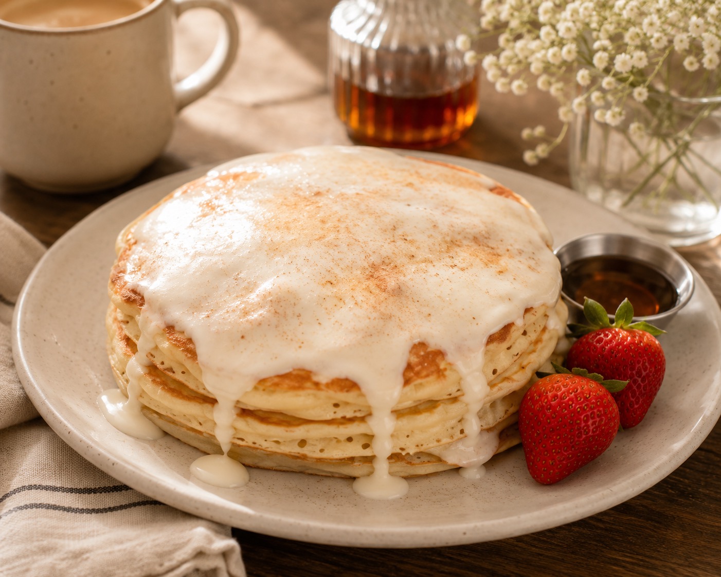 Stack of JuicyO pancakes with icing and strawberries